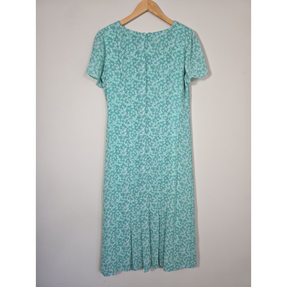 Vintage 90s Leslie Fay Floral Midi Dress Aqua Side Button Cottagecore 10P - Picture 3 of 10